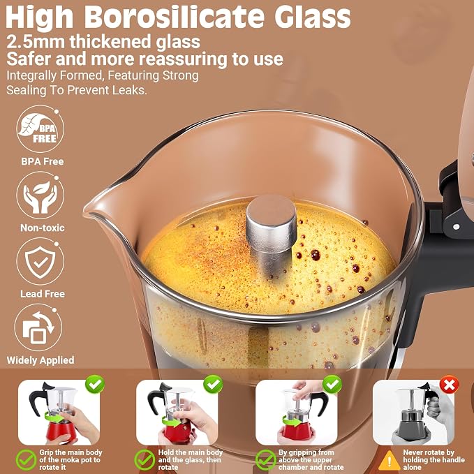 4 Cup 200ml Glass Moka Pot, Stovetop Espresso Maker, Red | Crystal Glass-top & Stainless Steel Coffee Maker, Induction Compatible, for Greca de Cafe, Cuban and Italian Coffee Brewing - Image 3