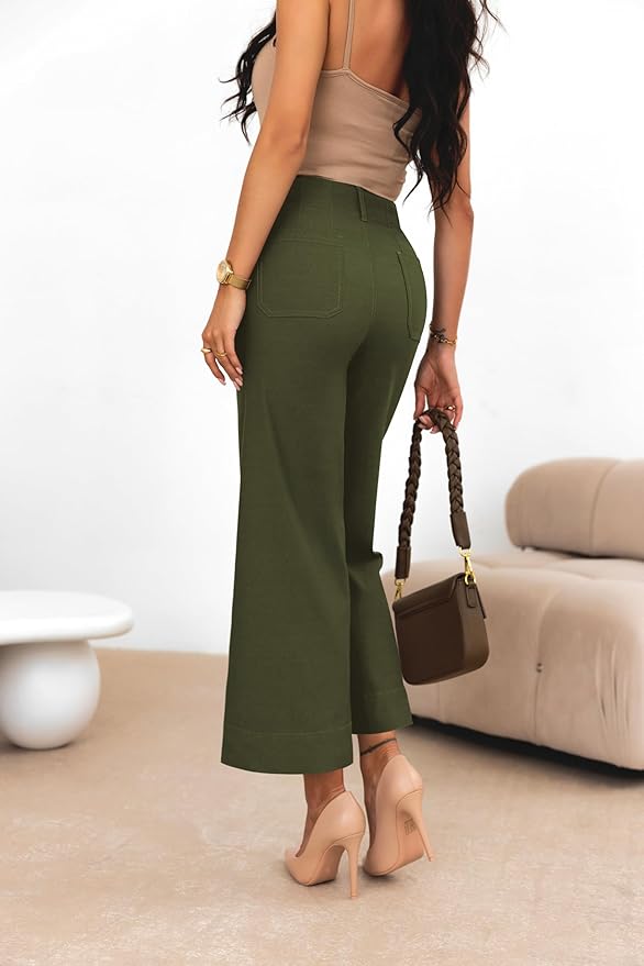 miduo Womens High Waisted Cropped Wide Leg Stretchy Straight Pants Trousers with Pockets - Image 4