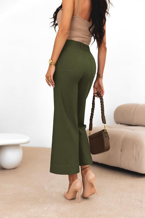 miduo Womens High Waisted Cropped Wide Leg Stretchy Straight Pants Trousers with Pockets - Image 4