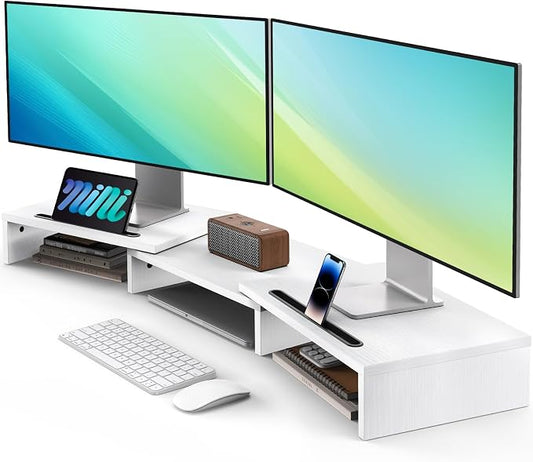 AMERIERGO Dual Monitor Stand Riser- 3 Shelf Screen Stand with Adjustable Length and Angle, 2 Extra Functional Slot Desktop Organizer Stand for PC, Computer, Laptop (White) by AMERIERGO