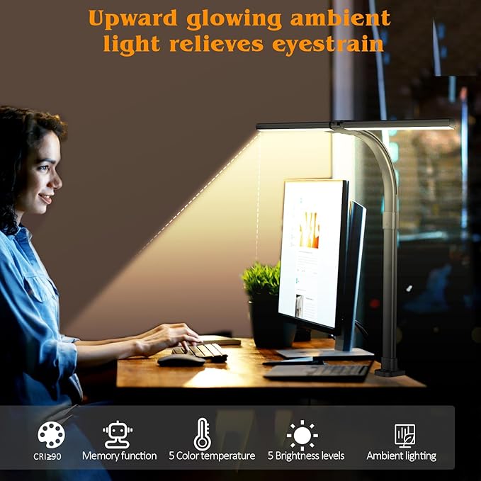 AKRRYR Led Desk Lamp for Home Office,24W Bright Eye-Caring Desk Light with Clamp,5 brightness and 5 temperatures Dimmable Workbench Task Light, Adjustable Gooseneck Table Lamp for Monitor Study(black) - Image 7