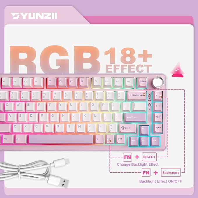 YUNZII B75 PRO 75% Wireless Mechanical Keyboard (Purple, Cocoa Cream V2) | Hot Swap Keyboard with Knob, Gasket Mount, Creamy Pre-lubed Switch for Smooth Typing, BT/USB-C/2.4G, for Gaming - Image 6