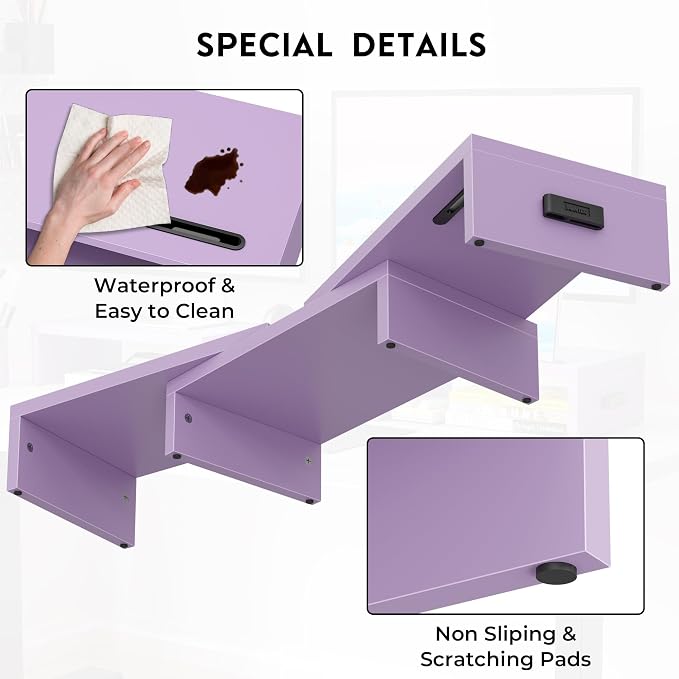 BONTEC Dual Monitor Stand Riser with Smartphone Holder, Adjustable Length & Swivel Angle, Ergonomic Wooden Desktop Organizer for PC Monitor, Laptop, Printer, Large Storage, 42.5 in, Purple - Image 7