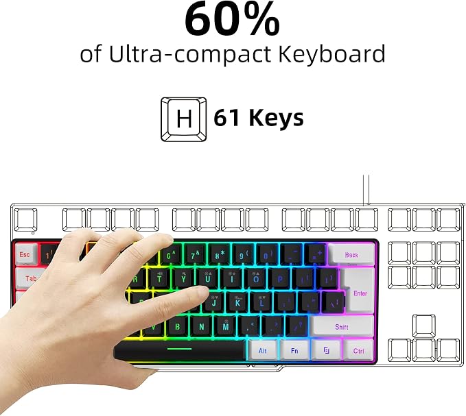 Snpurdiri 60% Wired Gaming Keyboard, Small RGB Backlit Membrane Gaming Keyboard, Ultra-Compact Mini Waterproof Keyboard for PC Computer Gamer White and Black | Backlit Small Membrane Gaming Keyboard for PC Computer Gamer - Image 2