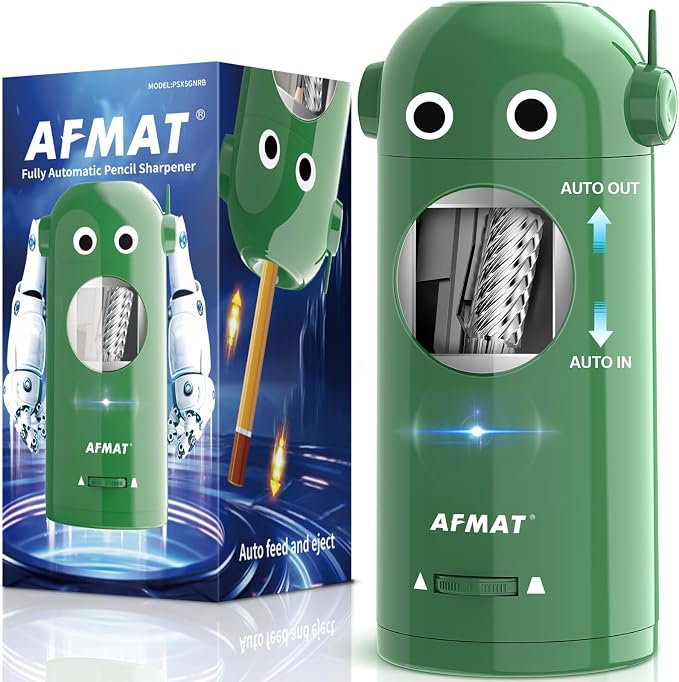AFMAT Electric Pencil Sharpener for Colored Pencils 7-11.5mm, Fully Automatic Robot Pencil Sharpener, Auto in & Out, Rechargeable Hands-Free for Classroom/Home/Office, Battery Operated, PSX5RB, Green by AFMAT