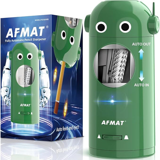 AFMAT Electric Pencil Sharpener for Colored Pencils 7-11.5mm, Fully Automatic Robot Pencil Sharpener, Auto in & Out, Rechargeable Hands-Free for Classroom/Home/Office, Battery Operated, PSX5RB, Green by AFMAT