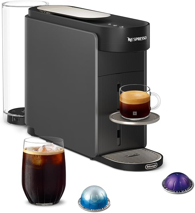Nespresso Vertuo Up Coffee & Espresso Maker by De'Longhi, Grey | Graphite color coffee machine with 3 second start, 47 oz. multi-position water tank, iced coffee mode and app customization. by Unknown