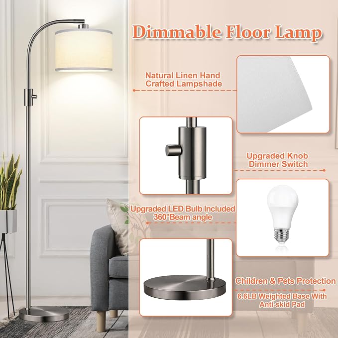 Nintiue Upgraded Modern Arc Dimmable Tall Standing Floor Lamp with Linen Shade, 1200 Lumens LED Bulb Included, for Living & Reading Room, Bedroom, Office & Nursery, Brushed Nickel - Image 4