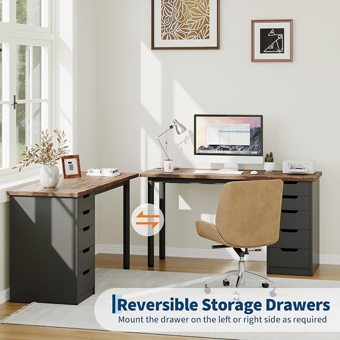 Garvee Computer Desk with 5 Drawers, 47 Inch Modern Simple Study Writing Desk with Storage, Rustic Home Office Desk, Reversible Computer Desk for Small Spaces, Apartments, Dorms, Brown+Black - Image 6