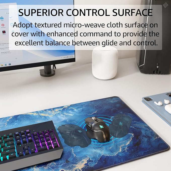 KTRIO Large Gaming Mouse Pad, Desk Mat, 31.5 x 11.8 in, Blue Marble, XL | Smooth Micro-Weave Surface, Artistic Pattern Design, Non-Slip Rubber Base, Durable Stitched Edges, Office & Home Use - Image 2