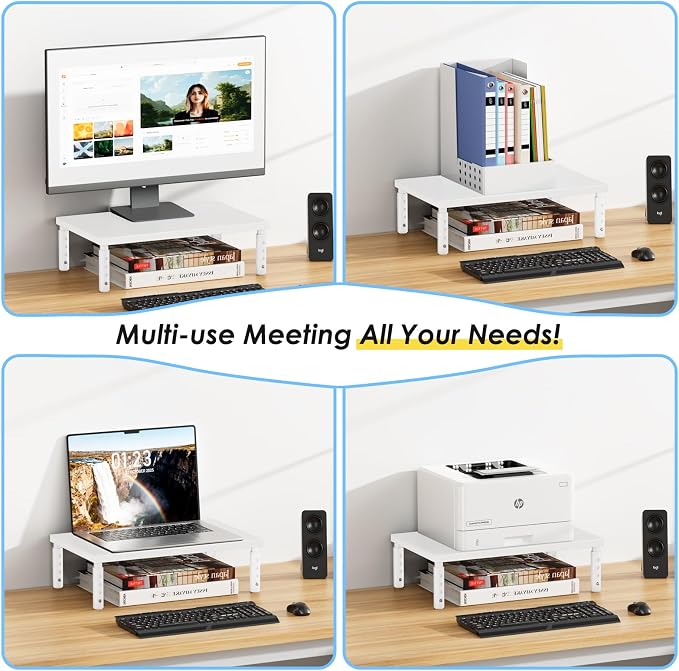 ECOLOVI Wood Computer Monitor Stand Riser for Desk, 4-Height Adjustable Desktop PC Printer Laptop Stand Shelf, Desk Organizer Workspace Accessories for Home Office Supplies, White - Image 4