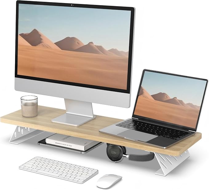Fenge Monitor Stand Riser, 31.5 Inch Desk Top Shelf for 2 Monitors, Computer Stands for Desk, Wood & Steel Desktop Riser for Laptop, PC, Printer by Fenge
