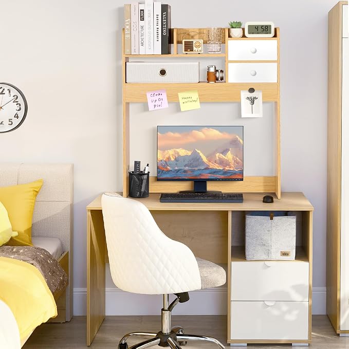 YGYQZ Wood Desk Shelf Organizer, Desk Hutch Top Only, Countertop Storage Hutch with 4 Shelves for Computer Desk，2-Tier with Cabinet Door Rack for Office, Home, Dorm，Natural - Image 6