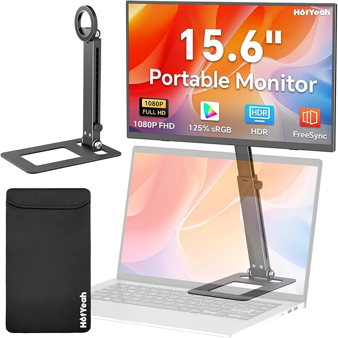 HotYeah Travel Portable Monitor with Stand, w/Magnetic Stand & Speaker | 15.6" 1080P 125% sRGB USB-C HDMI HDR External Display, 2nd Screen for Laptop MacBook Computer Phone Tablet Switch PS5 Xbox by HotYeahMonitor