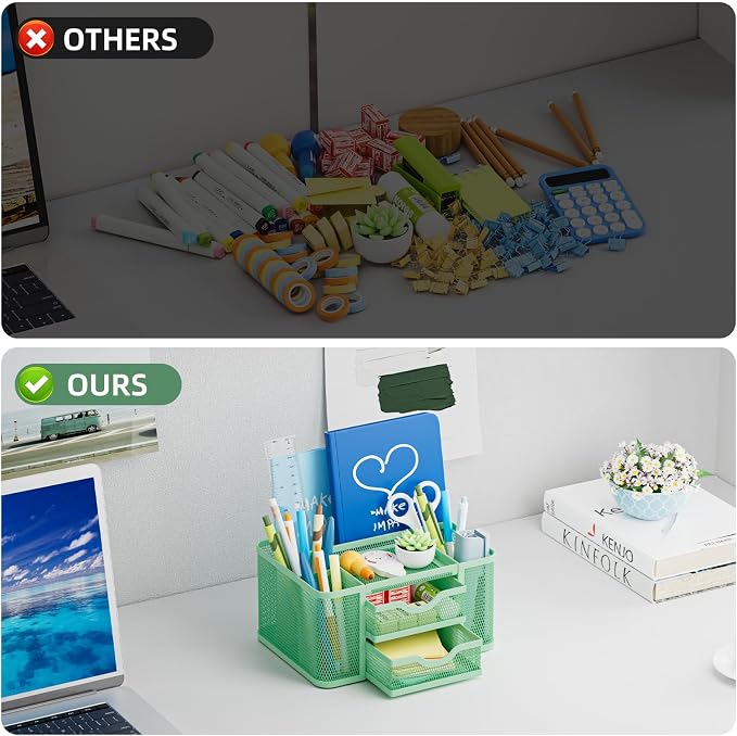 Marbrasse Mesh Desk Organizer, Pen Organizer with 2 Drawer, Multi-Functional Pencil Holder, Desk Organizers and Accessories with 5 Compartments + Drawer for Office Art Supplies (Green) - Image 7