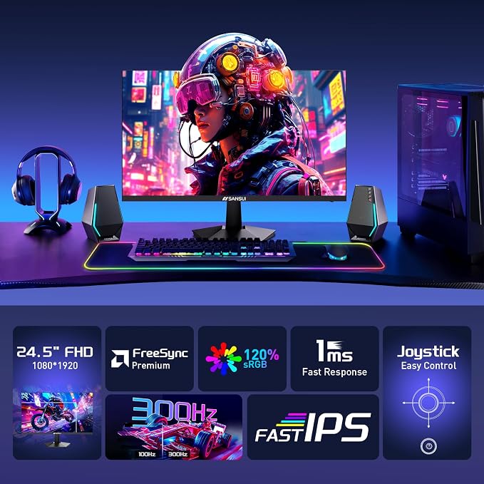 SANSUI Gaming Monitor, 24.5" 300hz 240hz FHD 1080P 1ms FPS PC Monitor Gaming, HDR, FreeSync, DisplayPort x2 HDMI x2, Fast IPS, 120% sRGB, Audio Jack, VESA Support, Desktop Compatible(ES-G25X1 PRO) - Image 6