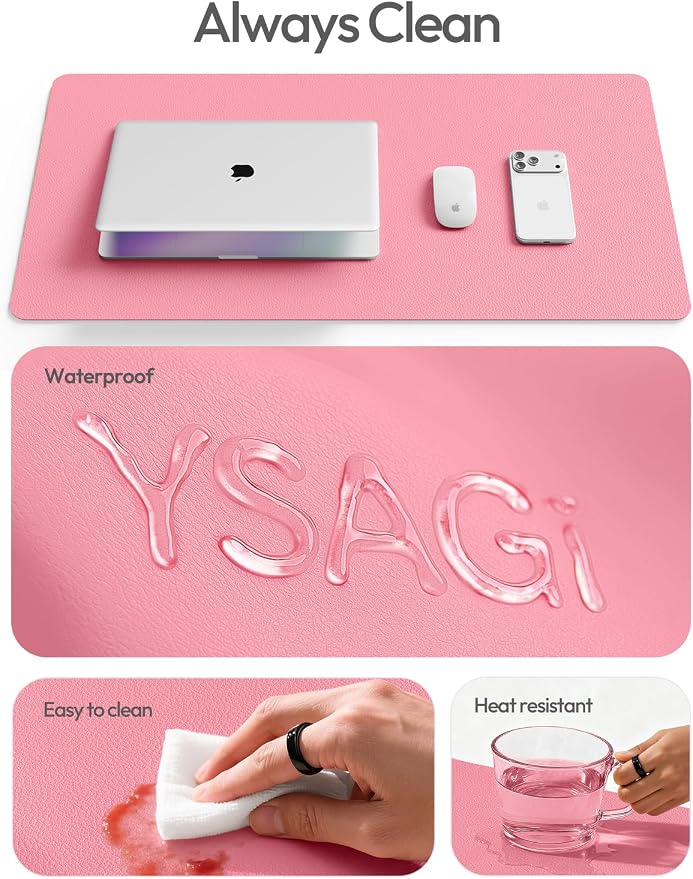 YSAGi Leather Desk Protector, Office Mat, Large Mouse Mat, Non-Slip PU Leather Blotter, Laptop Desk Mat, Waterproof Writing Pad for Office and Home(Pink, 42" x 17.2") - Image 8