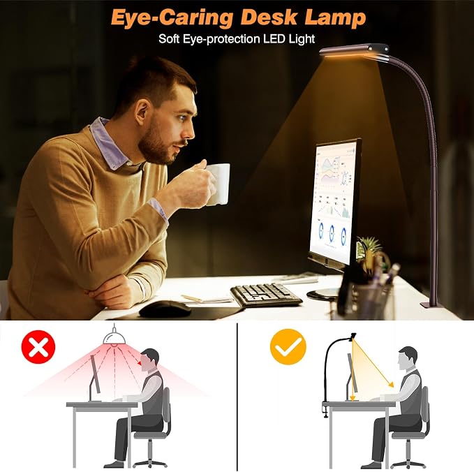 Airlonv LED Desk Lamp for Office Home, Eye-Caring Desk Light with Stepless Dimming Adjustable Flexible Gooseneck, 10W USB Adapter Desk Lamp with Clamp for Reading, Study, Workbench (Brown) - Image 6
