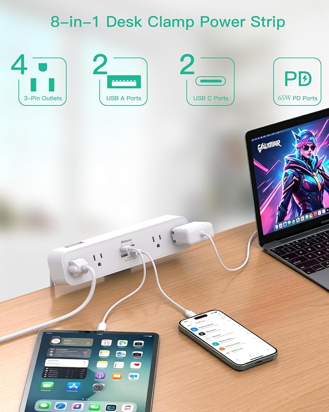 Mifaso PD65W Desk Clamp Power Strip, 1080J Surge Protector, 2 USB C | 4 Outlets, 5FT Extension Cord, Fast Charging Station, Desk Organizer Gaming Accessories Office Essentials, Fit 1.96" Edge - Image 2