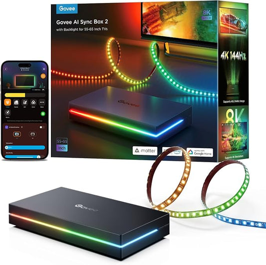 Govee HDMI 2.1 AI Sync Box 2, 8K/4K @144Hz, RGBWIC for 55-65 Inch TVs | With TV Backlight, Supports VRR & ALLM, SmartThings & Matterr & Alexa, AI CogniGlow, 75 LEDs/m by Unknown