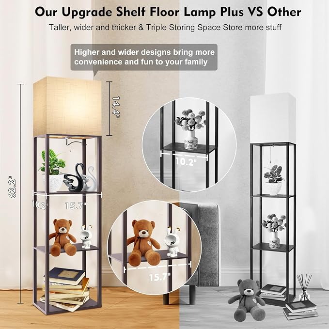 RUNTOP Plus - Floor Lamp with Shelves, Wide Shelf Lamp, Shelf Floor Lamp with 15W LED Bulb, 3 Colors Temperature, Memory Function, Large Display Storage, Standing Lamps for Living Room, Bedroom, Wood - Image 8