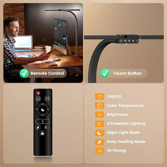 SIBRILLE Upgraded Desk Lamp for Home Office - Dimmable Computer Desk Light with Remote, Modern Architect Task Lamp with Color Changing, Flexible Desktop Lamp with Gooseneck for Monitor, Double Head - Image 4