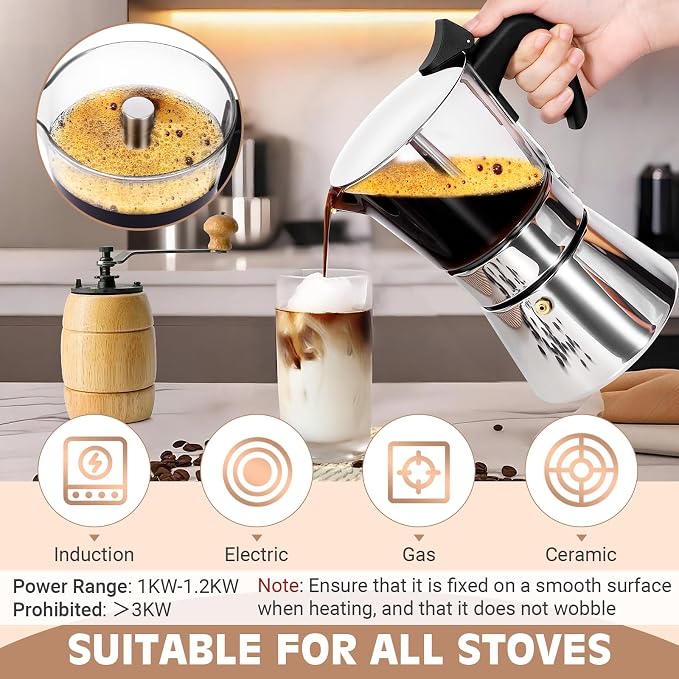 9 Cup 450ml Glass Moka Pot, Stovetop Espresso Maker, Silver | Crystal Glass-top & Stainless Steel Coffee Maker, Induction Compatible, for Greca de Cafe, Cuban and Italian Coffee Brewing - Image 4