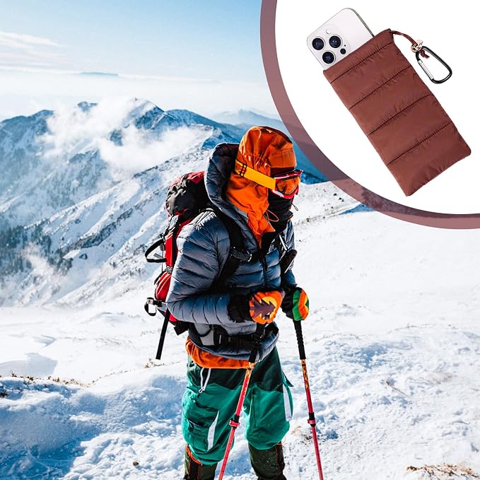 Lyreh Thermal Phone Pouch, Down Cotton Warm Phone Case Cover Bags Prevents Freezing & Overheating Protector Cellphone Pouch with Carabiner Ideal for Outdoor Camping Hiking Skiing (Brown) - Image 5