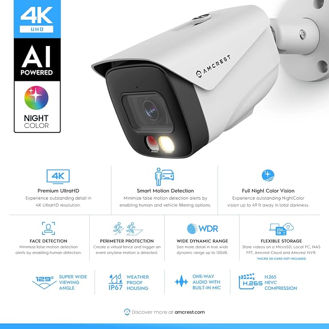 Amcrest UltraHD 4K (8MP) IP PoE AI Camera, FOV 129°, 49ft Color Nightvision, Security Outdoor Bullet Camera, Human & Vehicle Detection, Active Deterrent, 4K @15fps, IP8M-2796EW-AI (White) - Image 2