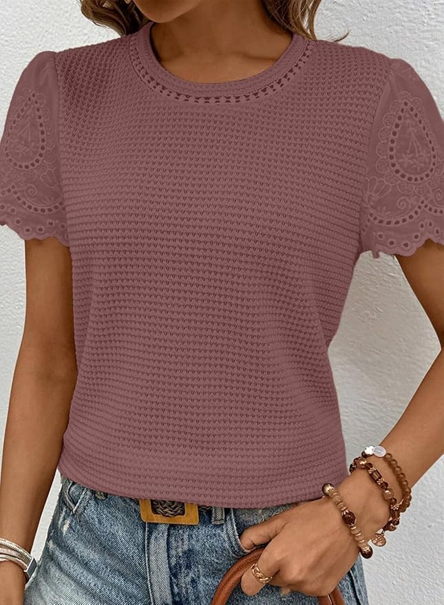 SHEWIN Womens Frenchy Summer Tops Crewneck Short Sleeve T Shirts Casual Waffle Knit Jacquard Blouses Top Shirts - Image 4