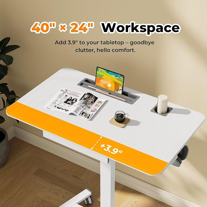 40"×24" Mobile Standing Desk with Drawer, Cup Holder & Hooks | Height Adjustable Portable Desk on Wheels, Small Computer Desk, Rolling Laptop Cart for Home Office, Classroom, White - Image 7