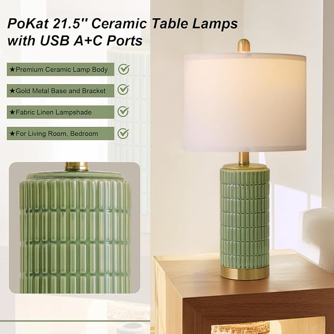 PoKat Bedside Table Lamps Set of 2 for Living Room with 2 USB Ports, 21.5'' Small Modern Nightstand Lamps for Bedroom, Ceramic Side Table Lamps with Gold Base for Office Entryway Decor Gift (Green) - Image 4