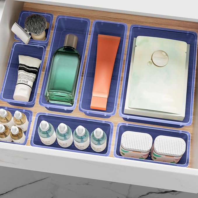 12 PCS Drawer Organizer Set, Makeup Organizer, Tool Storage Tray, Navy Blue | 4 Sizes, Plastic, Stackable, Multiple Gadgets, Desk Drawer Divider Organizers, for Makeup, Office Supplies Storage - Image 8