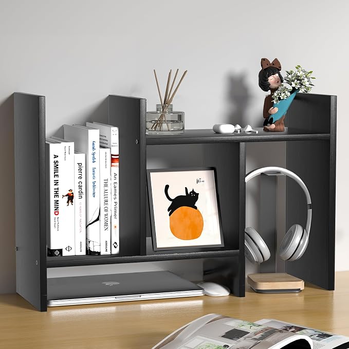 Desk Shelves Wood Desktop Orgnizer Shelf.Office Organization for Top of Desk Organizers and Accessories Bookshelf Shelving,Adjustable Tier H-Shape Mini Bookcase(Black) by FNBAR