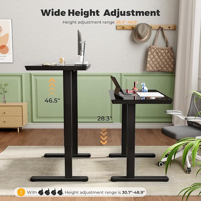 35" Electric Standing Desk with Drawer, One-Piece Glass Top | Quick Install One-Piece Tabletop with USB Charging Ports, Sit Stand Computer Desk with Wheels for Small Space, Black - Image 5