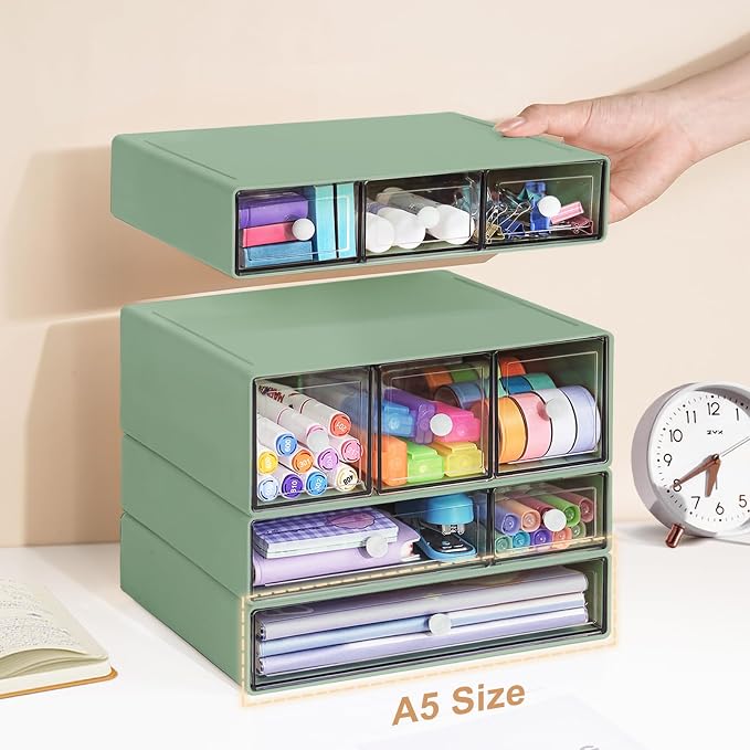 Desk Storage Organizer with 9 Drawers, 4 Tiers Stackable Desktop Craft Storage Drawers, Clear Storage Box Caddy for Stationary Makeup Jewelry Office Craft Supplies (Green) - Image 2