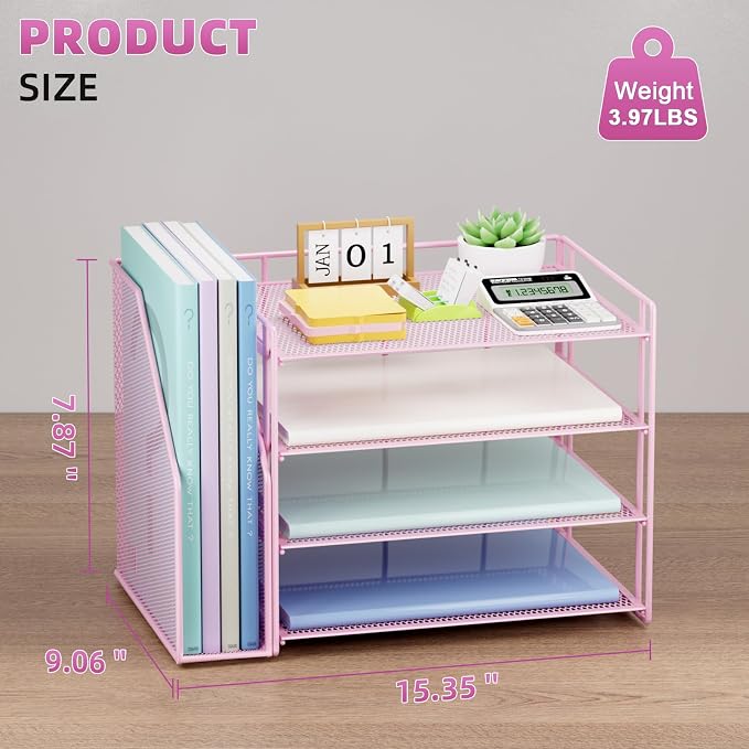 Marbrasse 4-Tier Paper Tray Organizer with File Holder, Pink | Sturdy Paper Tray, Built-in File Holder, fits Letters/Docs, Saves Desk Space, for School/Office/Home - Image 3