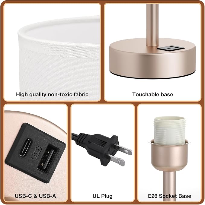 Dicoool Bedside Table Lamp for Bedroom - 3-Way Dimmable Touch Lamp, USB A+C | LED Bulb Included, 14" Small Nightstand Lamp for Desk, Living Room, Dorm, White Fabric Lampshade, Antique White Metal Base - Image 6