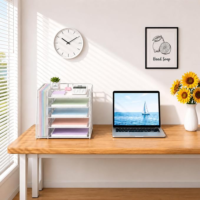 OPNICE Desk Organizer, 5-Tier Paper Organizer Letter Tray with Magazine Holder, Office Desk Accessories & Workspace Organizers, Desktop File Organizer for Office Supplies Storage, White - Image 6