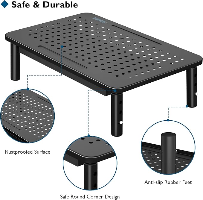 BONTEC 1 Pack Adjustable Monitor Stand Riser with Drawer, Supports 44lbs | Ergonomic Mesh Platform for Desk, Ventilated Laptop and PC Use with Cable Management for a Cooler, Organized Workspace - Image 5