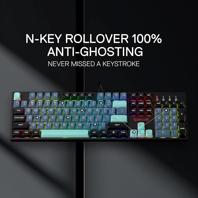 Redragon K582 SE Wired RGB Mechanical Gaming Keyboard, 104-Key, PBT Keycaps | 16.8M Color Immersive eSports Lighting Vibe, Quiet Keystrokes w/ Sound-Absorbing Foam, N-Key Rollover, Customize Software - Image 5