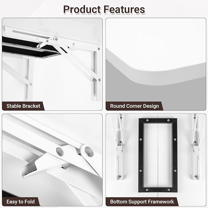 Neoaider Wall Mounted Folding Desk 23.6” x 15.7”, White | Drop Down Table with Metal Collapsible Brackets, Folding Wall Table for Small Spaces, Home, Office, Kitchen, Laundry Room - Image 6