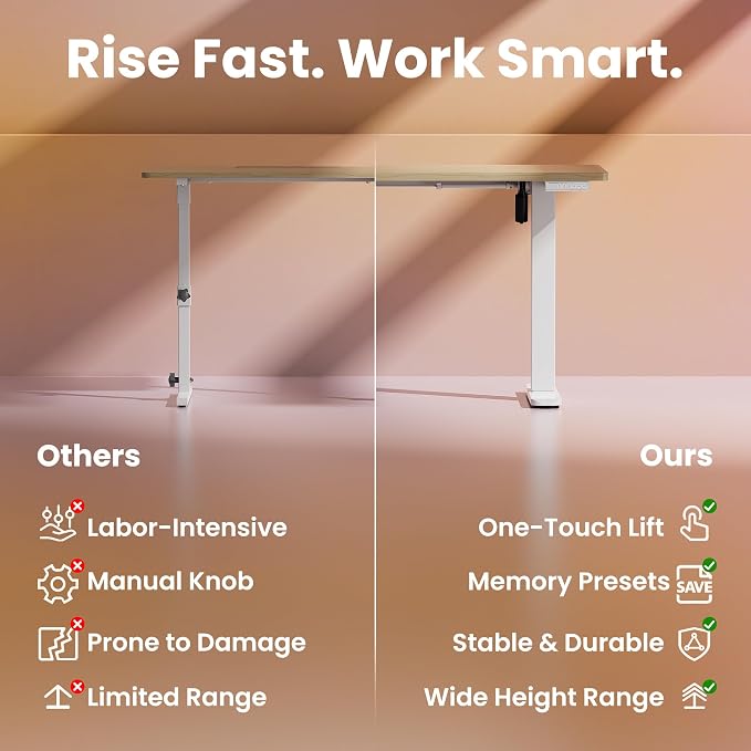 HUANUO 40x24 Inch Electric Standing Desk, Height Adjustable, Light Walnut | Smooth Home Office Desk, 176lbs Capacity with 4 Memory Presets & Headphone Hooks. Easy to assemble Computer Gaming desk - Image 6