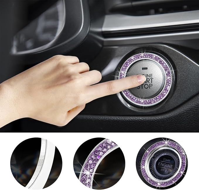 Kewucn Bling Crystal Double Rhinestone Car Engine Start Decoration Ring, Sparkling Push Start Button Sticker, Key Ignition & Knob Ring Decoration, Bling Car Interior Accessory(Purple) - Image 4