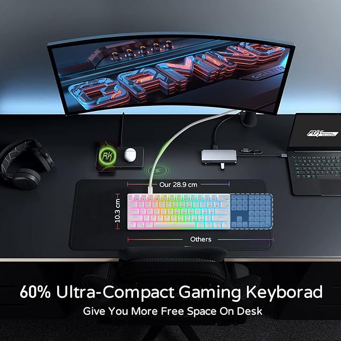 RK ROYAL KLUDGE RK61 Wired 60% Mechanical Gaming Keyboard, Compact PC Game Keyboards with QMK/VIA Programmable RGB Backlit, Hot Swappable Custom Keyboard for Win/Mac, Pre-lubed Red Switch, White - Image 6