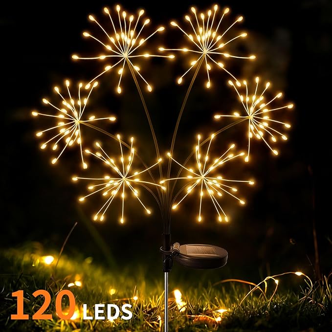 JJGoo 2 Pack Solar Garden Lights Outdoor Waterproof, New Upgraded 6 Branches Firework Starburst Lights with 2 Modes, Solar Fairy Lights for Yard Garden Patio Pathway Party Decor - Warm White - Image 4
