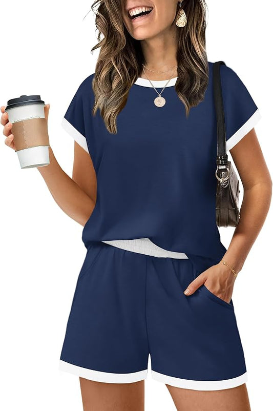 WIHOLL Two Piece Sets for Women Summer Lounge Short Sets Cap Sleeve Crew Neck Sweatsuit with Pocket XS-2XL by WIHOLL
