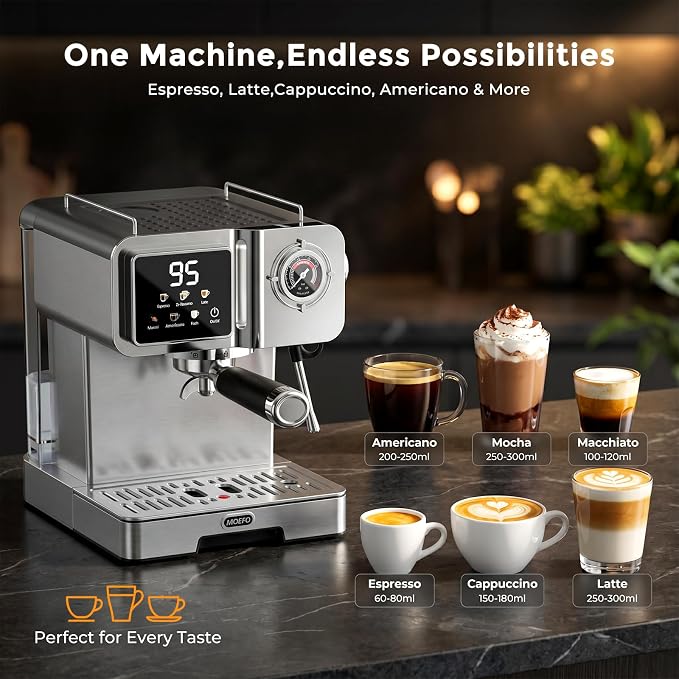 58mm Espresso Machine with Milk Frother, 20 Bar Semi-Automatic Coffee Maker, Visual Pressure Gauge & Touchscreen LCD Display, Professional Home Espresso Machine for Latte & Cappuccino, Silver - Image 9