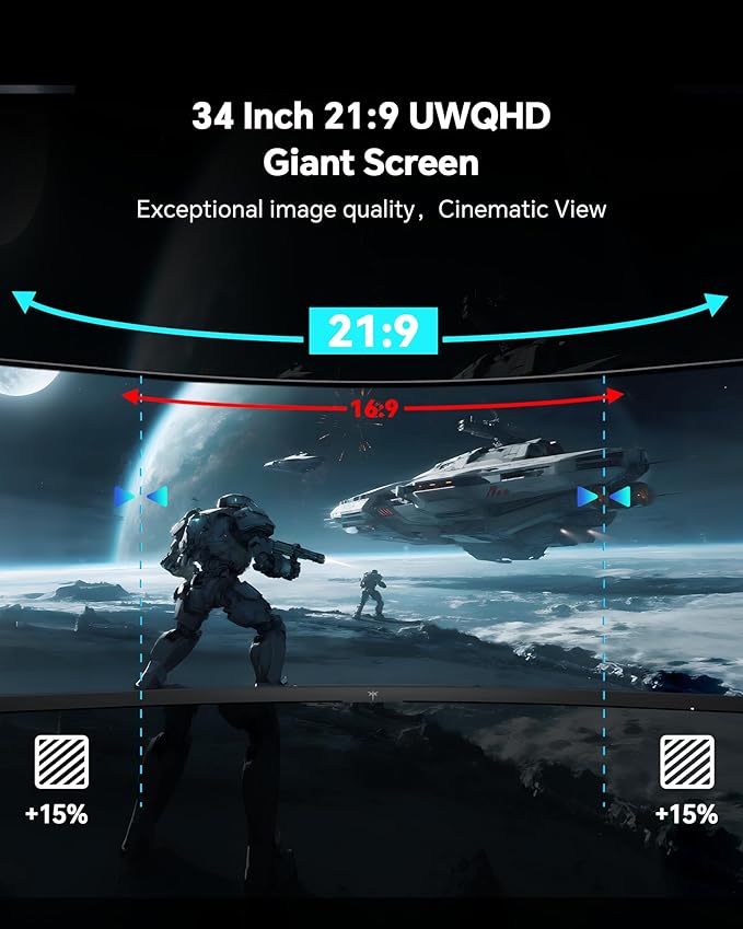 KTC 34 Inch Ultrawide Curved Gaming Monitor, 3440x1440 UWQHD 180Hz, H34S5 | 1500R Curve PC Monitor 21:9, Adaptive Sync, 1ms MPRT, 4000:1 Contrast, PIP/PBP, HDMI&DP, Tilt Swivel Pivot Height Adjustment - Image 3