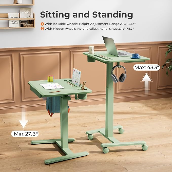 28" Mobile Standing Desk with Drawer, Portable Laptop Desk | Rolling Desk with Cup Holder and Hooks, Height Adjustable Computer Cart with Storage, Lockable & Hidden Wheels, Sage Green - Image 5